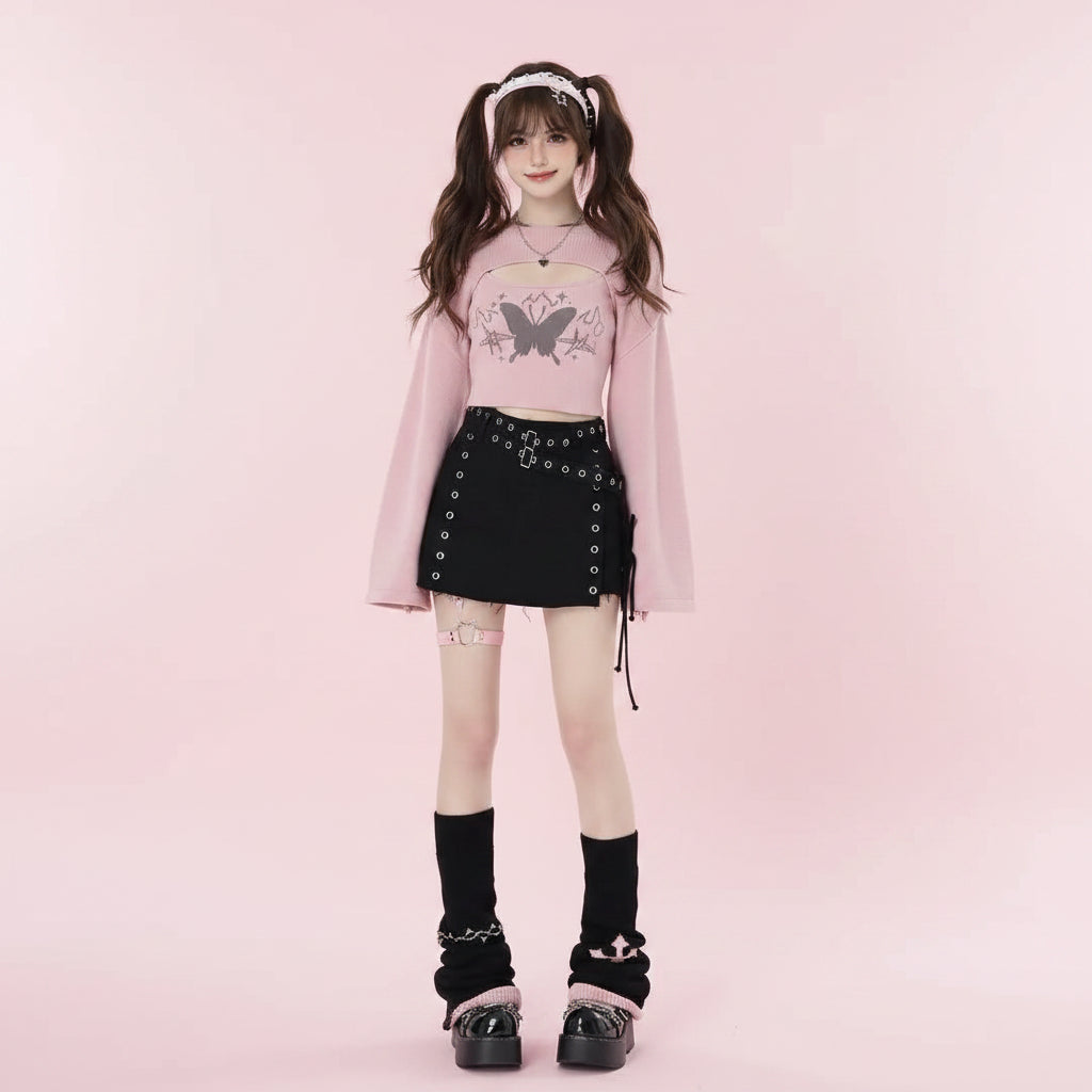 Autumn Girl Cover up Two Piece Knitted Top Print Strap - Vusy Kawaii Shop