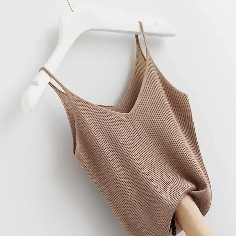 Brown Hooded Sweater and Denim Overall Shorts Set, mocha ribbed knit vest on hanger