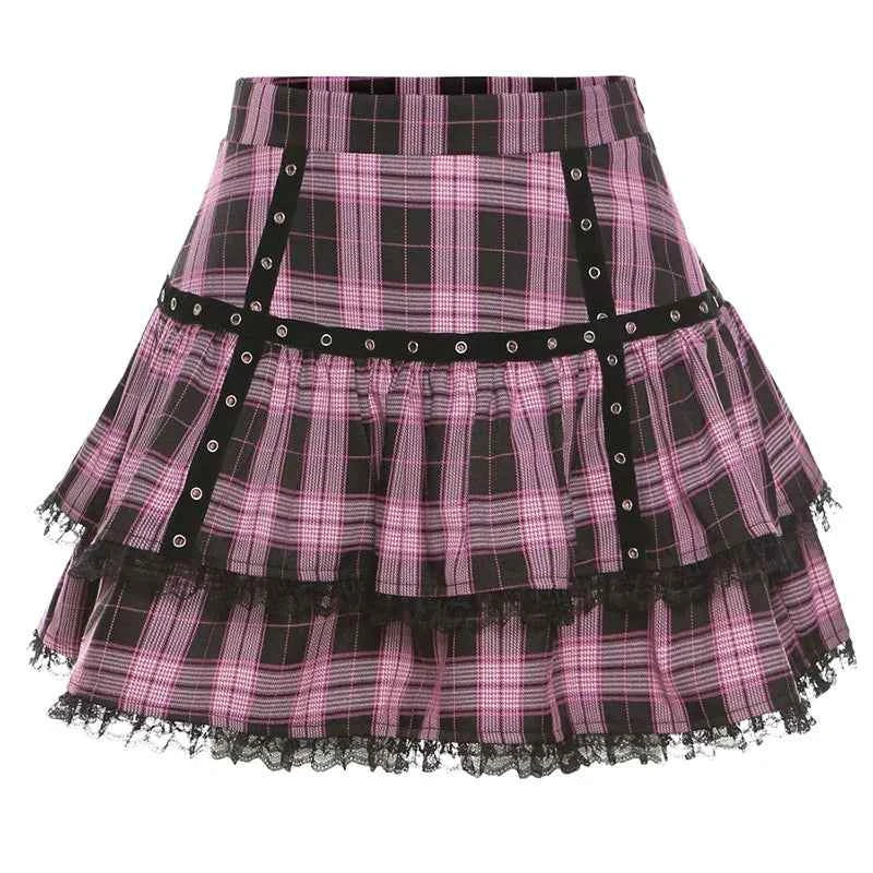Mall Goth Gothic Lace Ruffle Mini Skirts Womens Harajuku Fairy Grunge Pink Plaid Pleated Skirt Japanese Lolita Streetwear