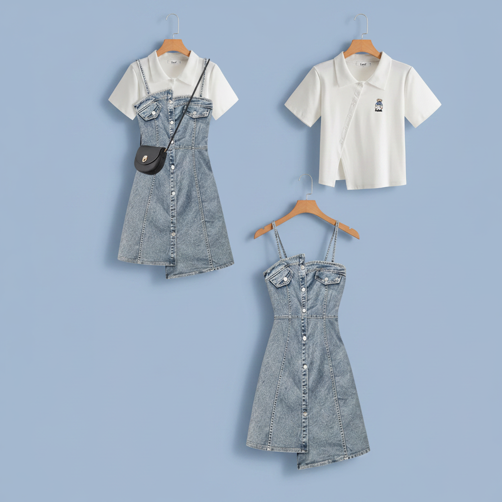 Summer Dress Matching Set Fashion Short Top and Denim Strap - Vusy Kawaii Shop
