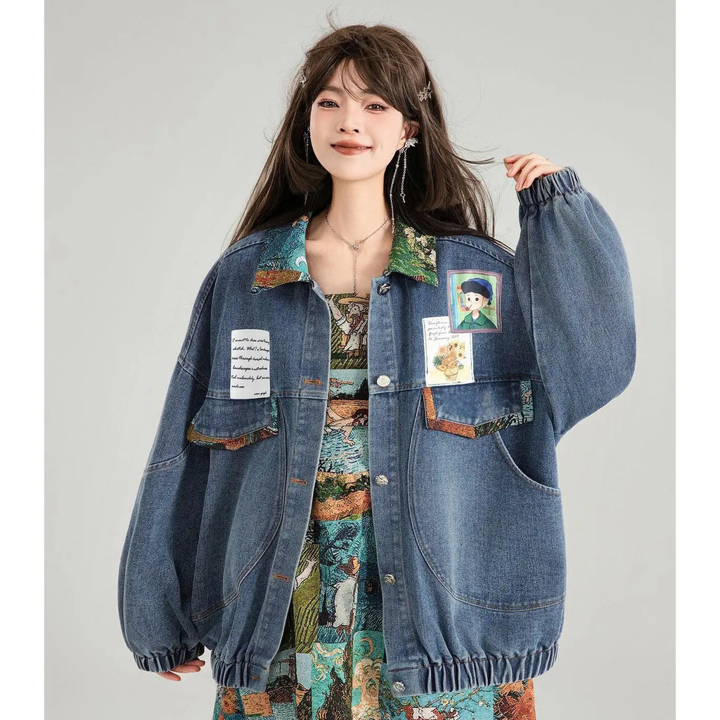 Retro Jeans Jacket Spring and Autumn French Art Jacquard Bow - Vusy Kawaii Shop