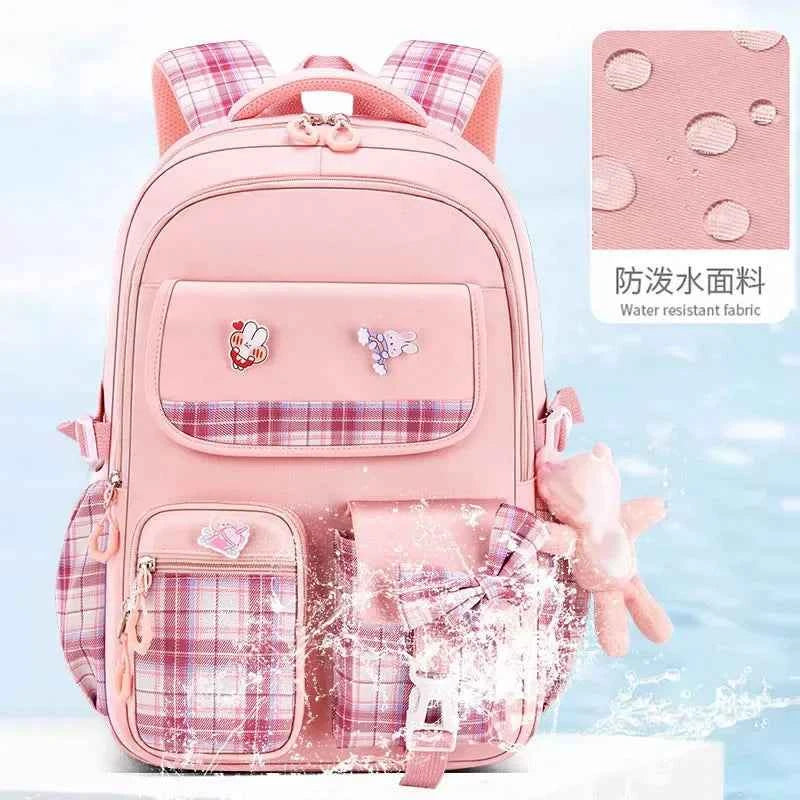 New Spine Protection Primary School Students Girls Checkered Backpack with Large Capacity Lightweight Waterproof Children's Bag