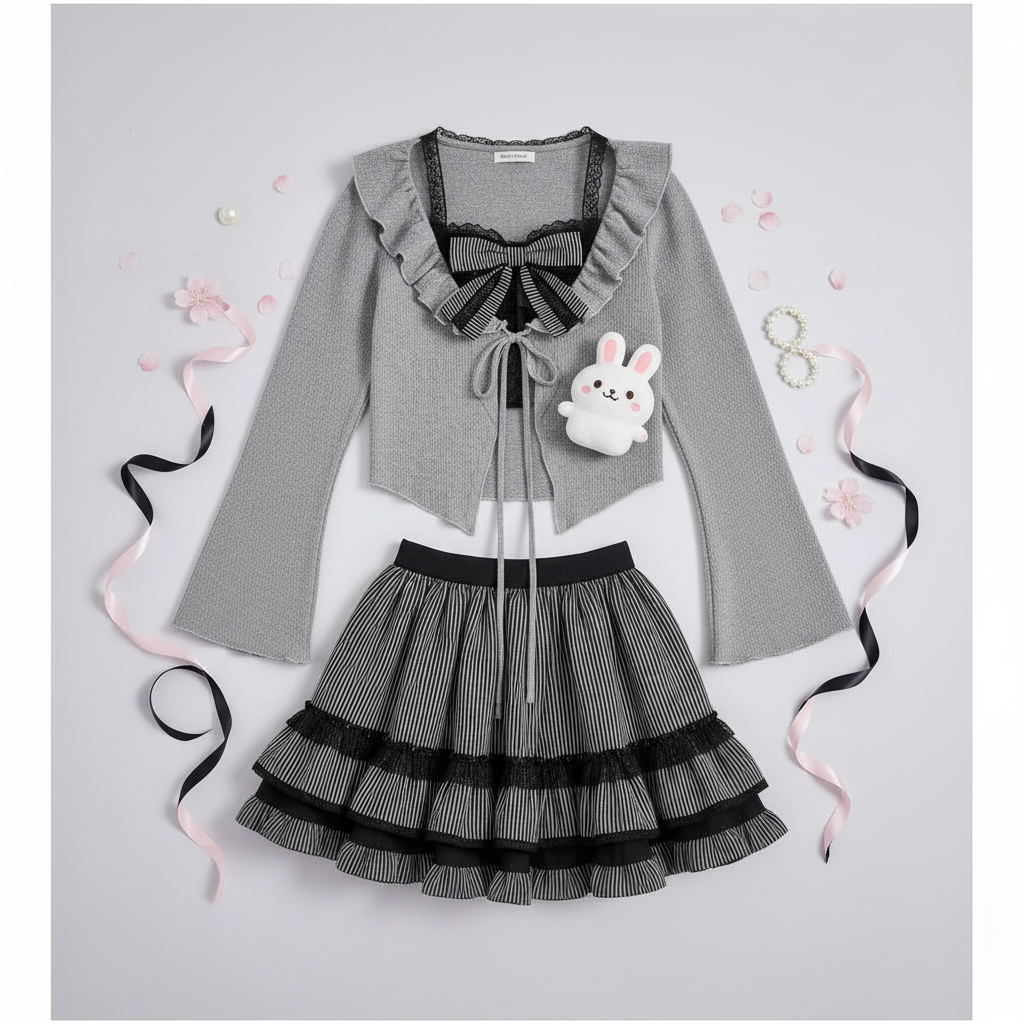 Street Retro Lolita Set Lace Lotus Leaf Tees E-Girl Gothic - Vusy Kawaii Shop