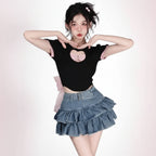Skirt Set Bow Tie Love Hollow Out Crop Top Denim Ruffled - Vusy Kawaii Shop