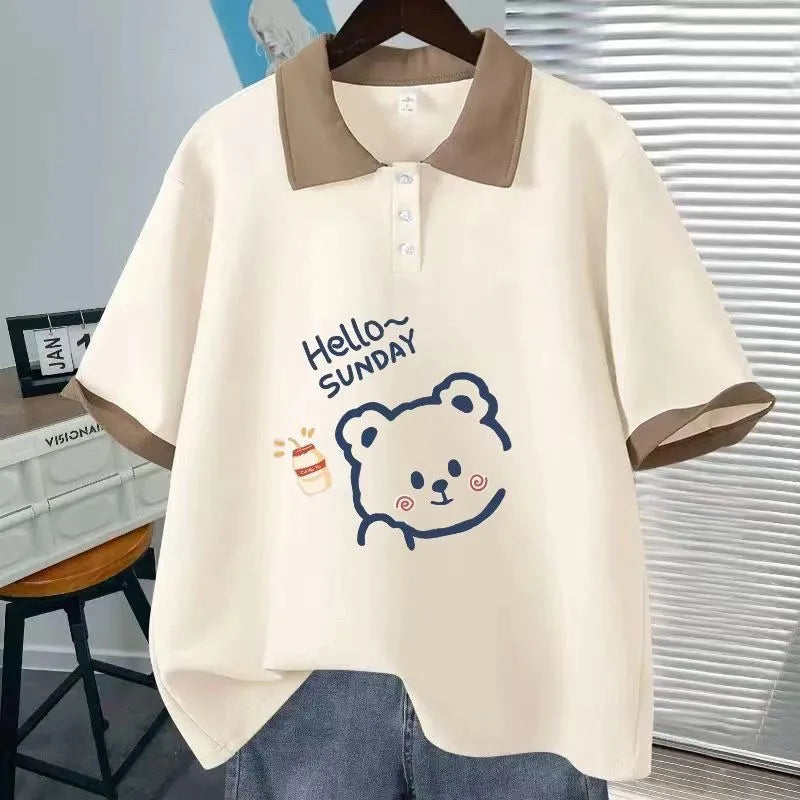 Fashion Polo Neck Short Sleeved T-Shirt Cute Teddy Bear - Vusy Kawaii Shop