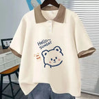 Fashion Polo Neck Short Sleeved T-Shirt Cute Teddy Bear - Vusy Kawaii Shop