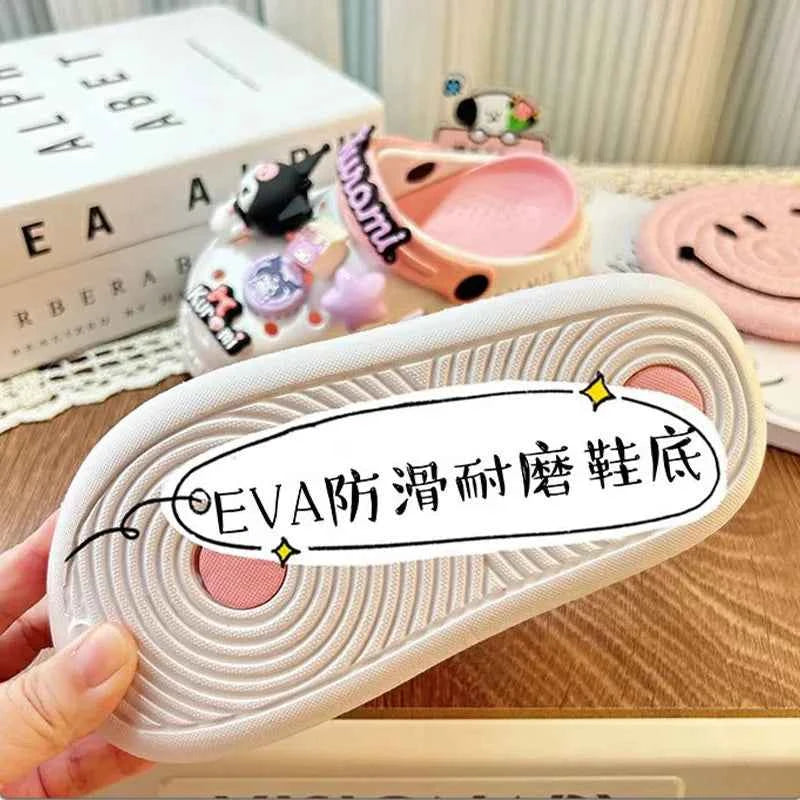 Sanrioed Anime Kuromi Shoes Cartoon Accessories Non Slip Hole Slippers Women Hello Kittys Outside Wear Summer Thick Girl Sandals