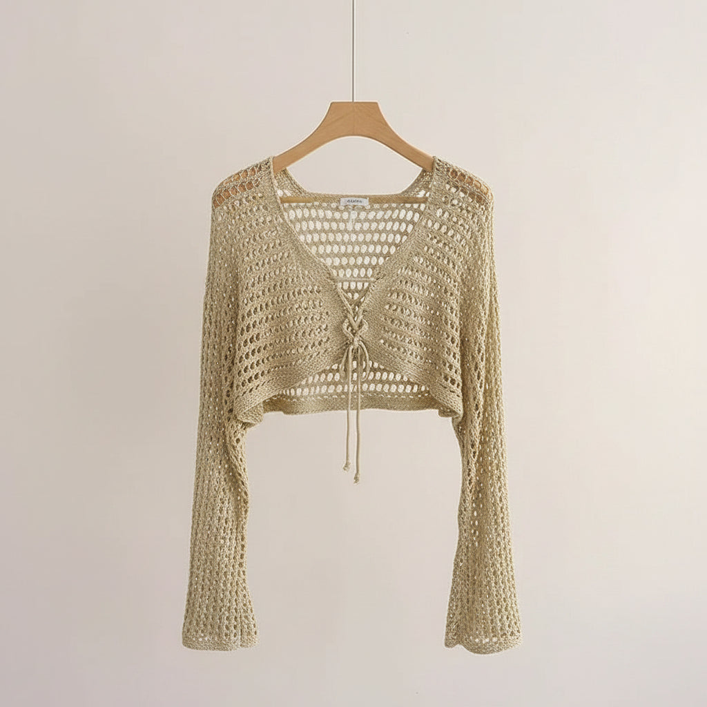 Crochet Crop Cardigan Women Long Sleeve Lace-Up Tie Front - Vusy Kawaii Shop