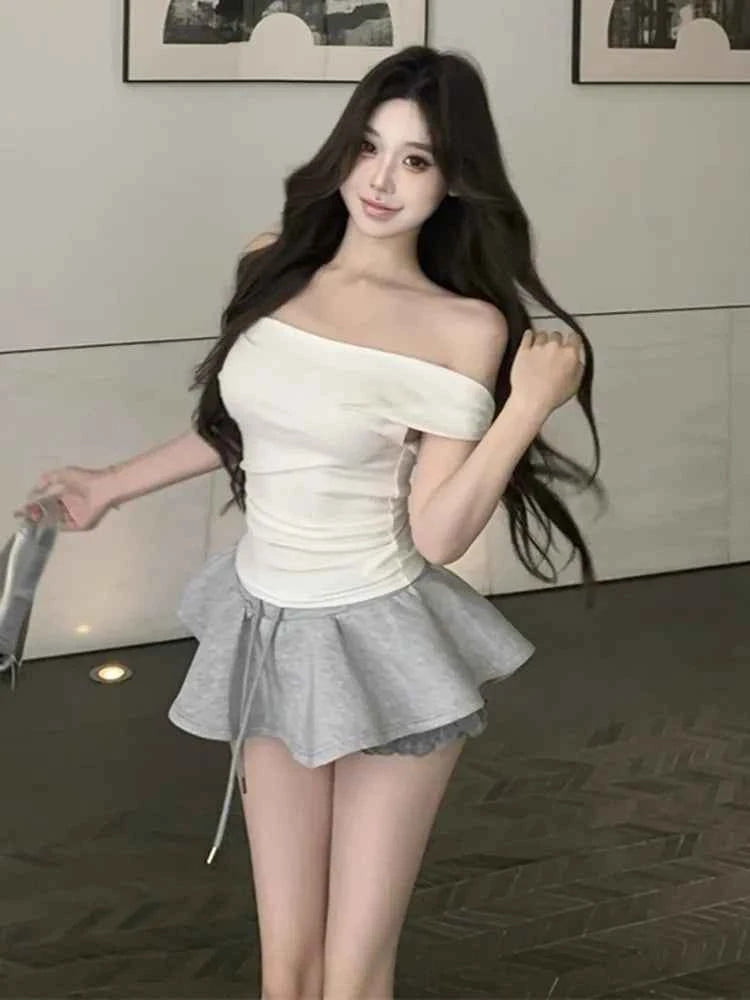 Solid Spliced Lace up Slimming Mini Skirts High Waist