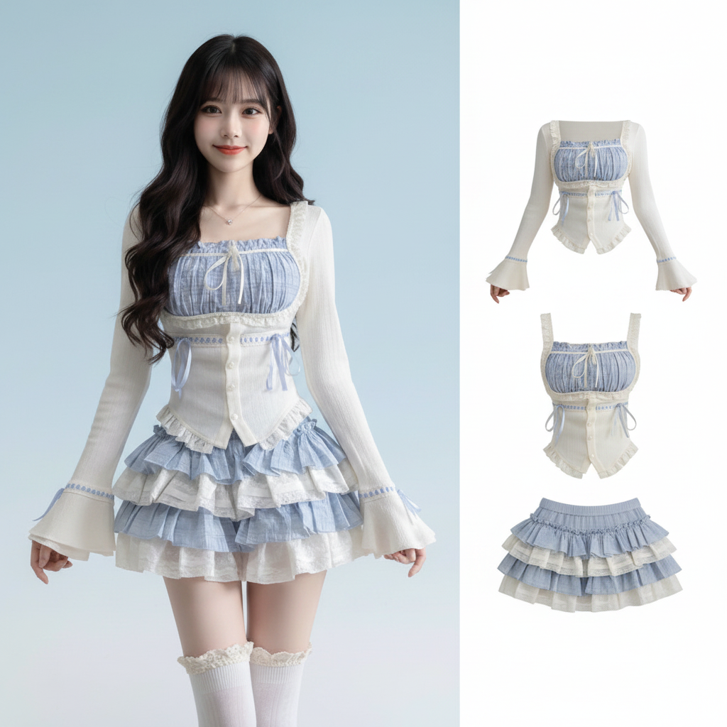 Square Collar Slim Waist Long Sleeve Top Women and Summer - Vusy Kawaii Shop