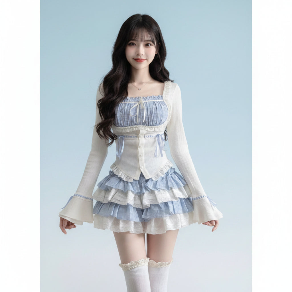 Square Collar Slim Waist Long Sleeve Top Women and Summer - Vusy Kawaii Shop