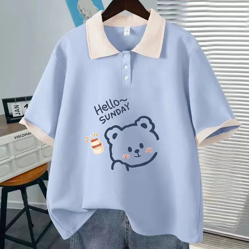 Fashion Polo Neck Short Sleeved T-Shirt Cute Teddy Bear - Vusy Kawaii Shop