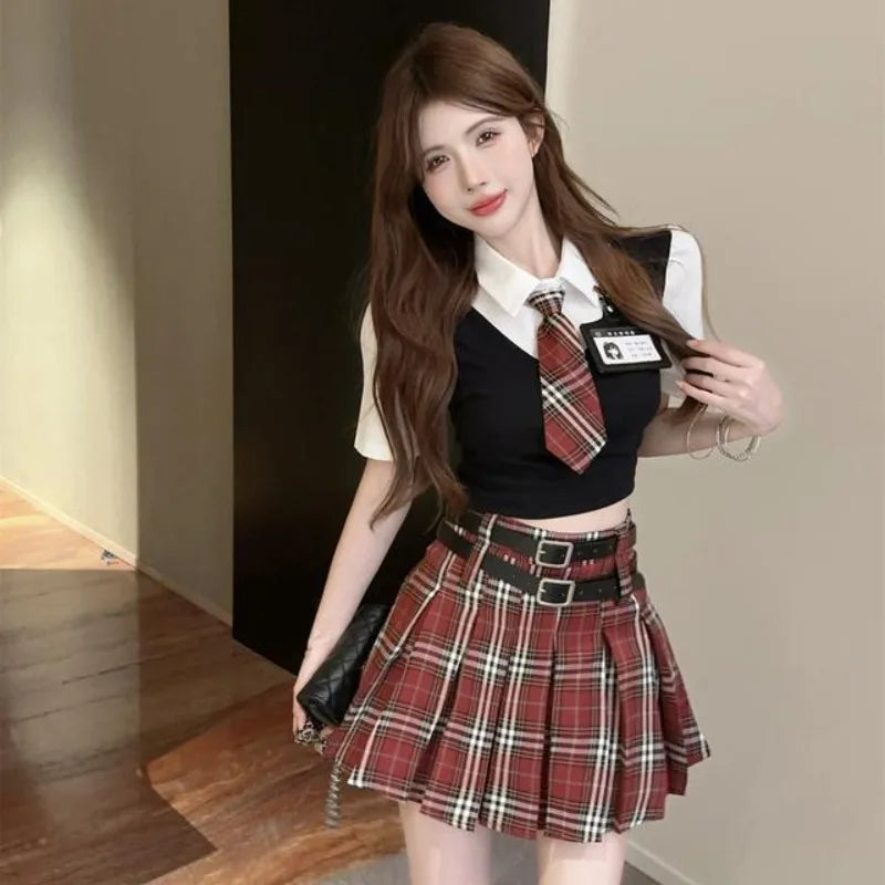 Summer Uniform Fake Two Piece Short Sleeve Top - Vusy Kawaii Shop