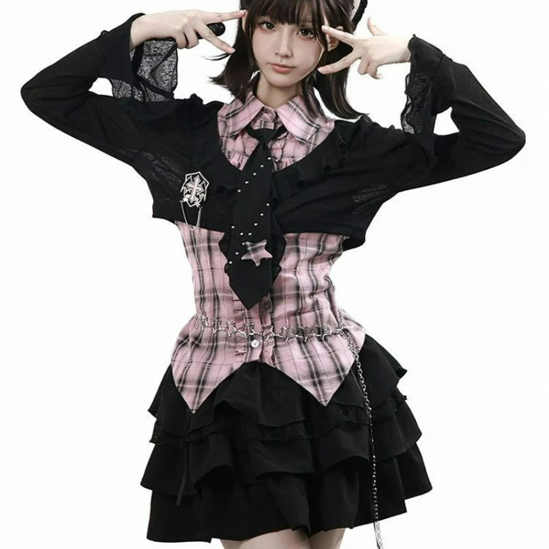 Women's Gothic Preppy Plaid Shirt, Ruffle Cardigan & Tiered Skirt Set