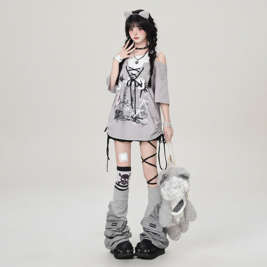 Women Aesthetic Fake Two Pieces Top Harajuku Printing - Vusy Kawaii Shop