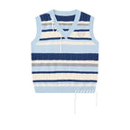 Blue Striped Knit Vest Shirt and Jeans Set, blue striped knit vest with drawstring hem, flat lay