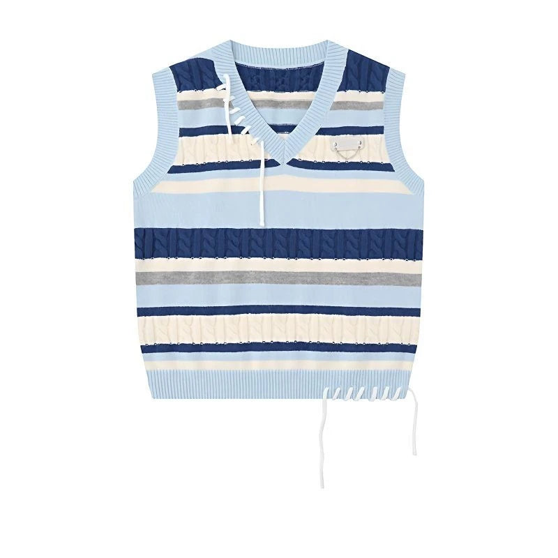 Blue Striped Knit Vest Shirt and Jeans Set, blue striped knit vest with drawstring hem, flat lay
