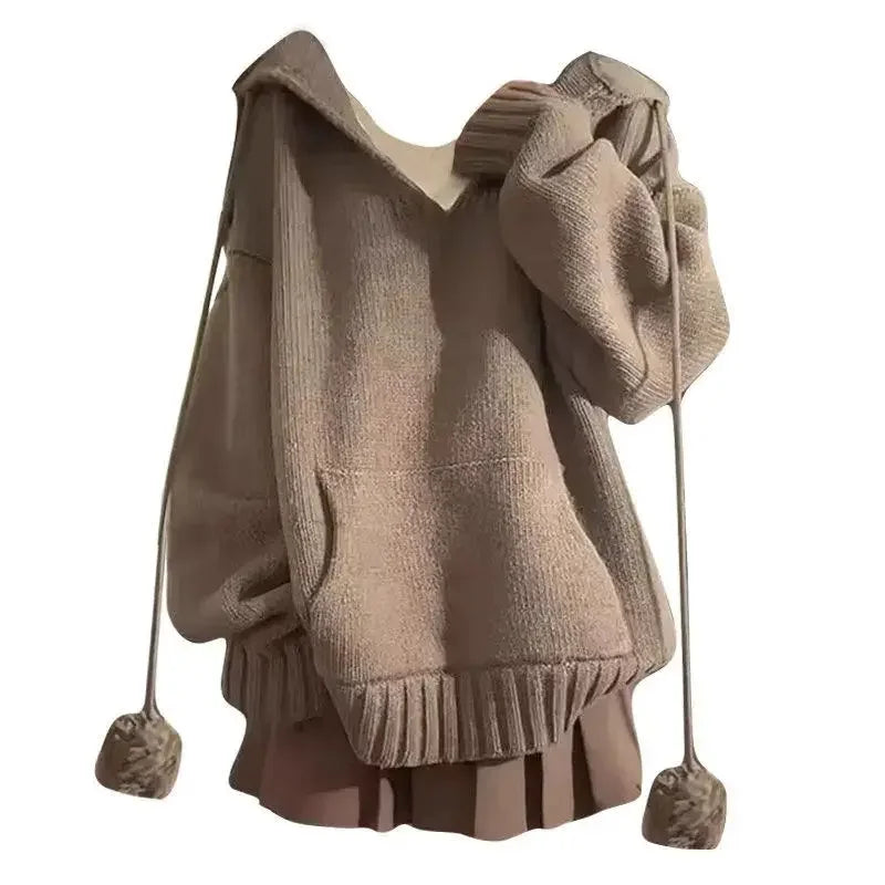 Brown Hooded Sweater and Denim Overall Shorts Set, mocha hooded knit sweater with pompom drawstrings on white background