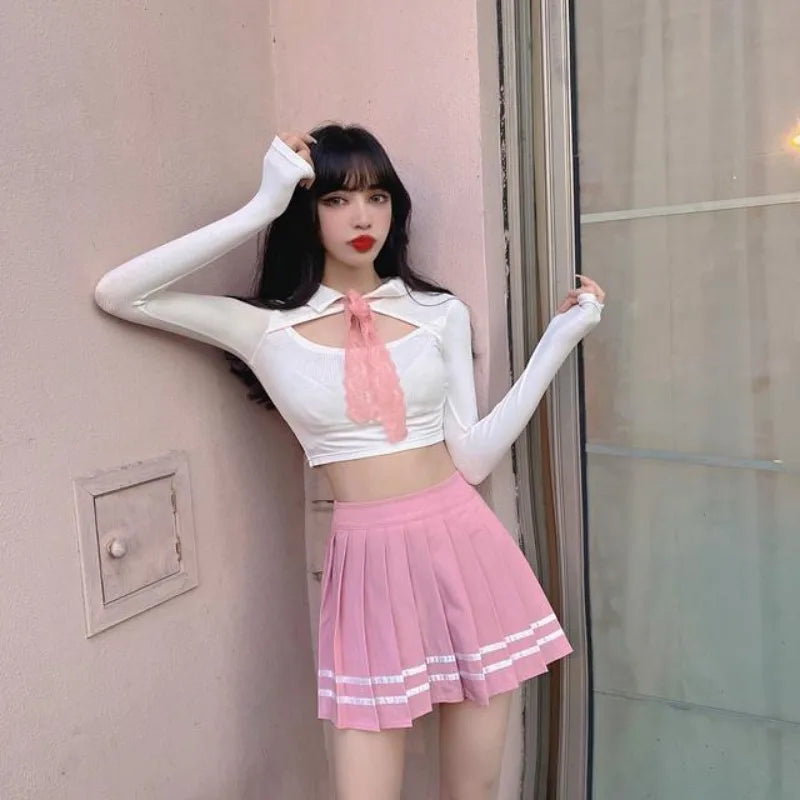Fashion Lapel Neck Hollow Out JK T-Shirts and High Waist - Vusy Kawaii Shop
