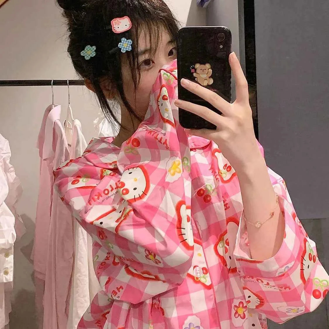 2Pcs Anime Sanrioed Hello Kittys Pajamas Kuromi Kawaii Cartoon Cinnamoroll Loose Sleepwear Pajamas Sets Home Clothes Girl Gifts