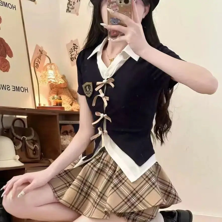 Sweet American Vintage Patchwork Bow Short Sleeve Top Women - Vusy Kawaii Shop
