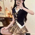 Sweet American Vintage Patchwork Bow Short Sleeve Top Women - Vusy Kawaii Shop