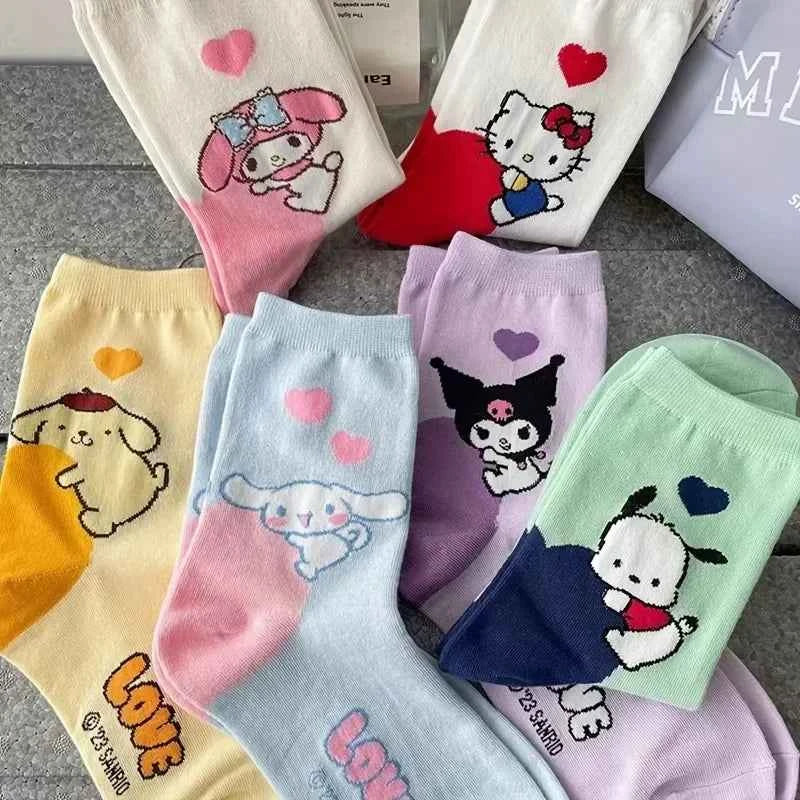 6 Pairs Anime Sanrio Melody Kuromi Print Kids Socks Cinnamoroll  Kawaii Warm Cartoon Women Mid-calf Socks Cotton Sock for Girls