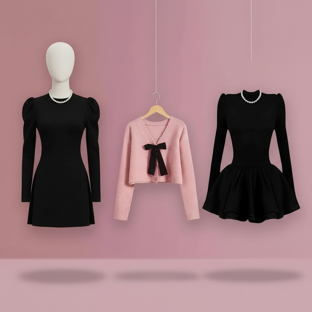 Women Graceful Pink Short Sweater Mini Black Ball Gown - Vusy Kawaii Shop