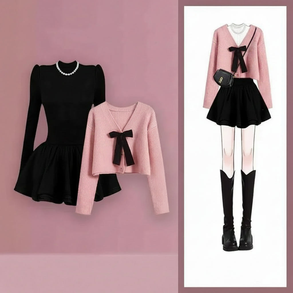Women Graceful Pink Short Sweater Mini Black Ball Gown - Vusy Kawaii Shop