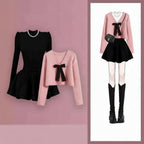 Women Graceful Pink Short Sweater Mini Black Ball Gown - Vusy Kawaii Shop