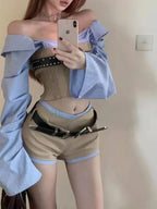 Striped Patchwork Long Sleeves Off Shoulder Shirt and Sexy - Vusy Kawaii Shop
