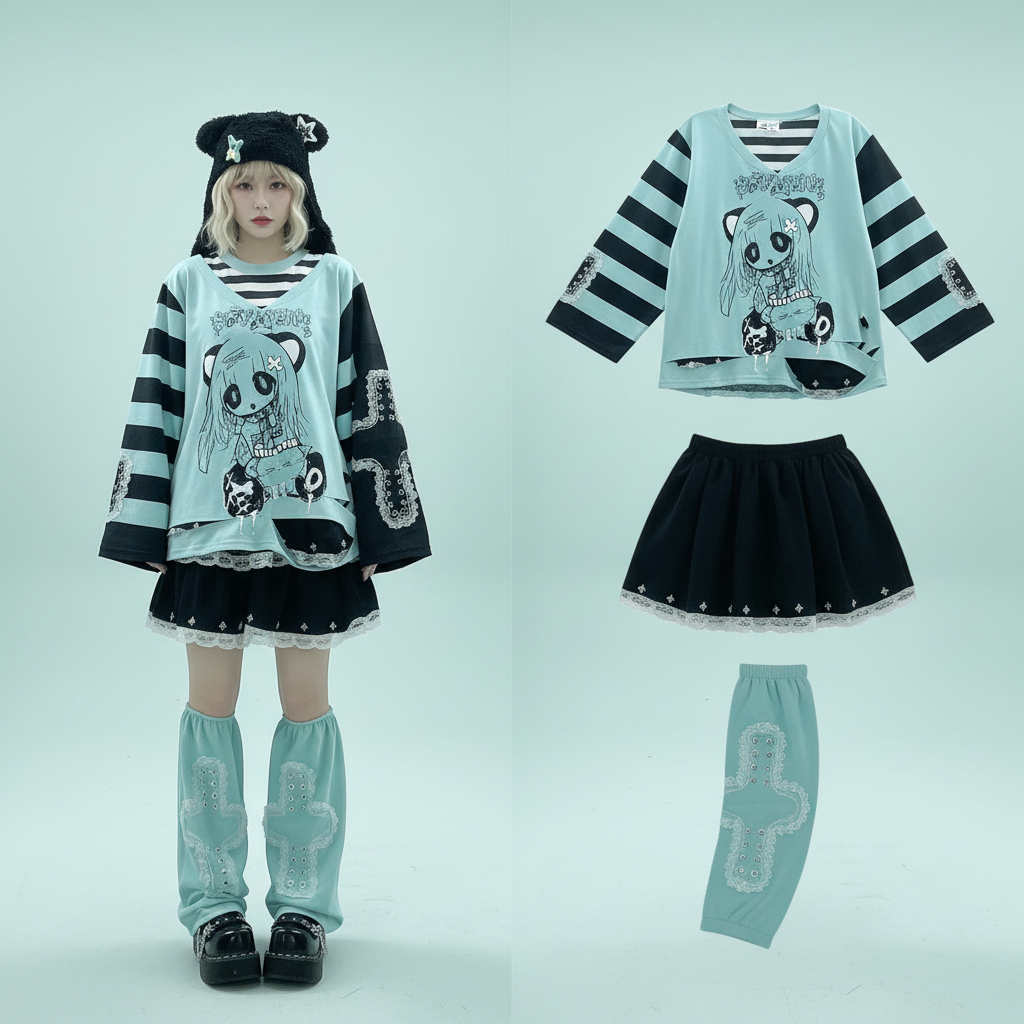 Japanese Fashion Fake Two Pieces Cartoon Print T-shirts - Vusy Kawaii Shop