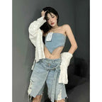Blue Women's Straight Jean Shorts High Waist Chic Design America Street Summer Vintage Hot Pants Denim Wide Leg Super Shorts