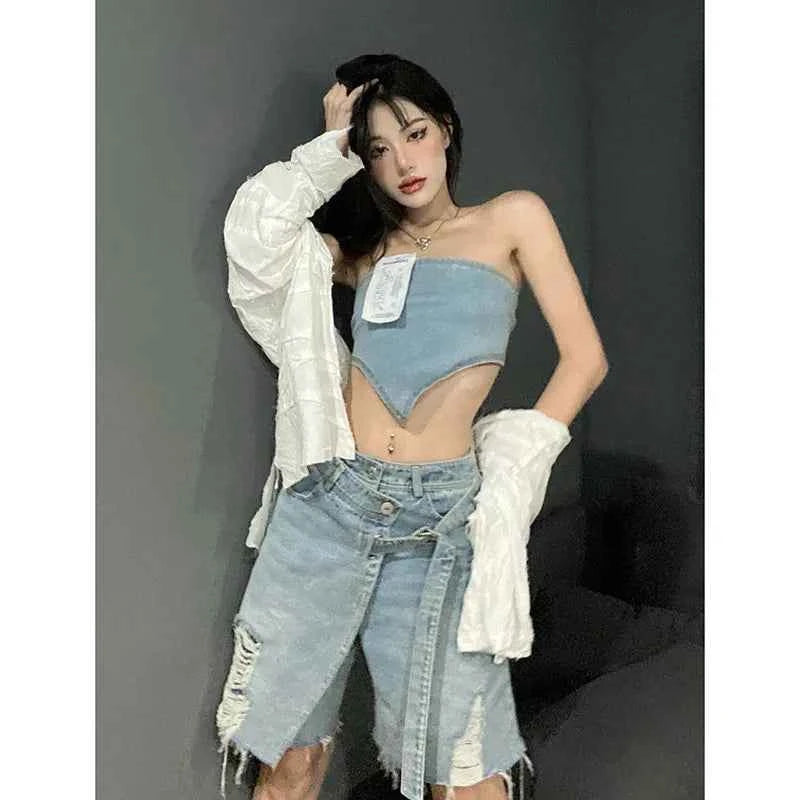 Blue Women's Straight Jean Shorts High Waist Chic Design America Street Summer Vintage Hot Pants Denim Wide Leg Super Shorts