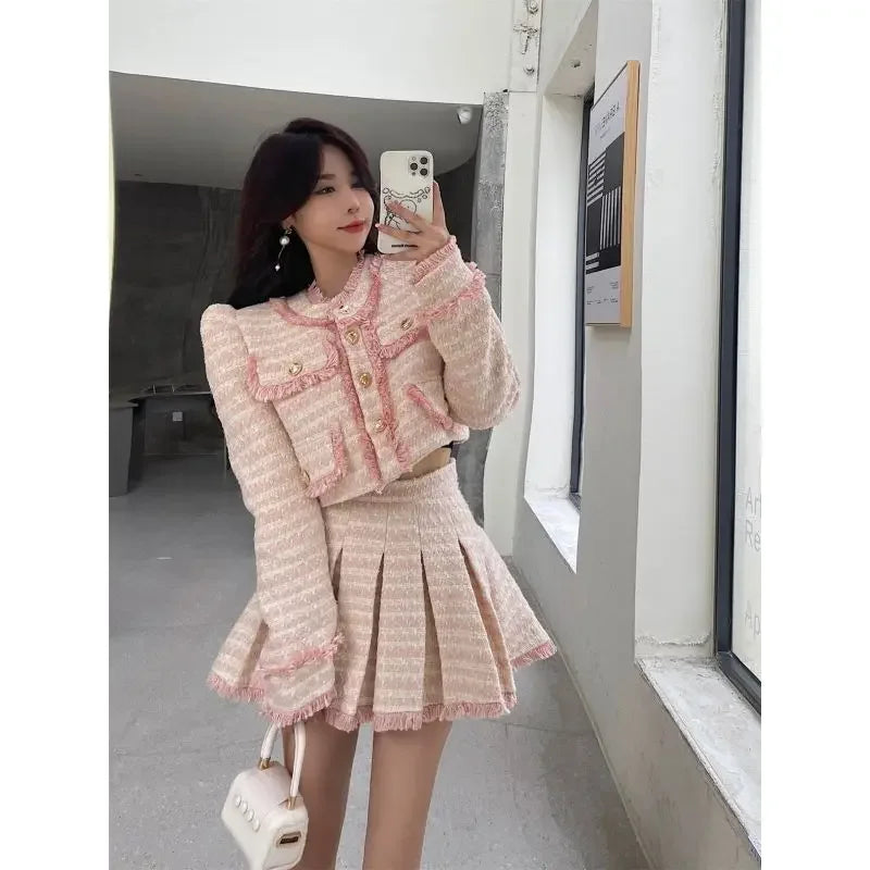 Small Fragrance Blue Tweed Coat Elegant Pink Tassel Jacket - Vusy Kawaii Shop