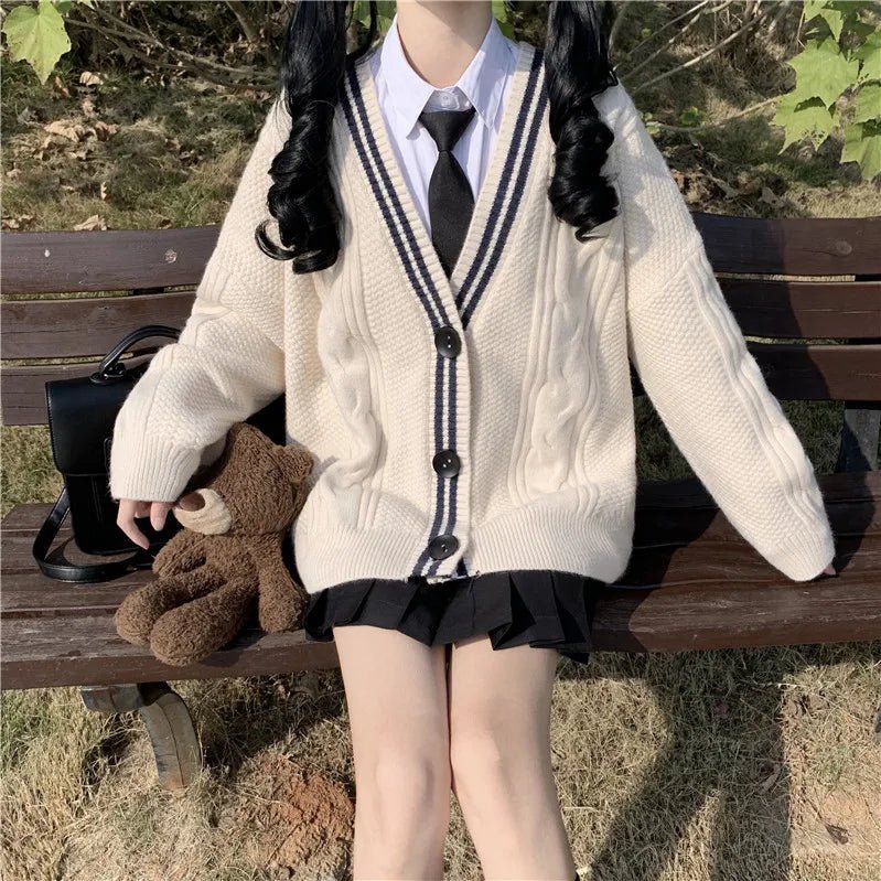 Varsity-Striped Cardigan Sweater Long Sleeve Button-up - Vusy Kawaii Shop