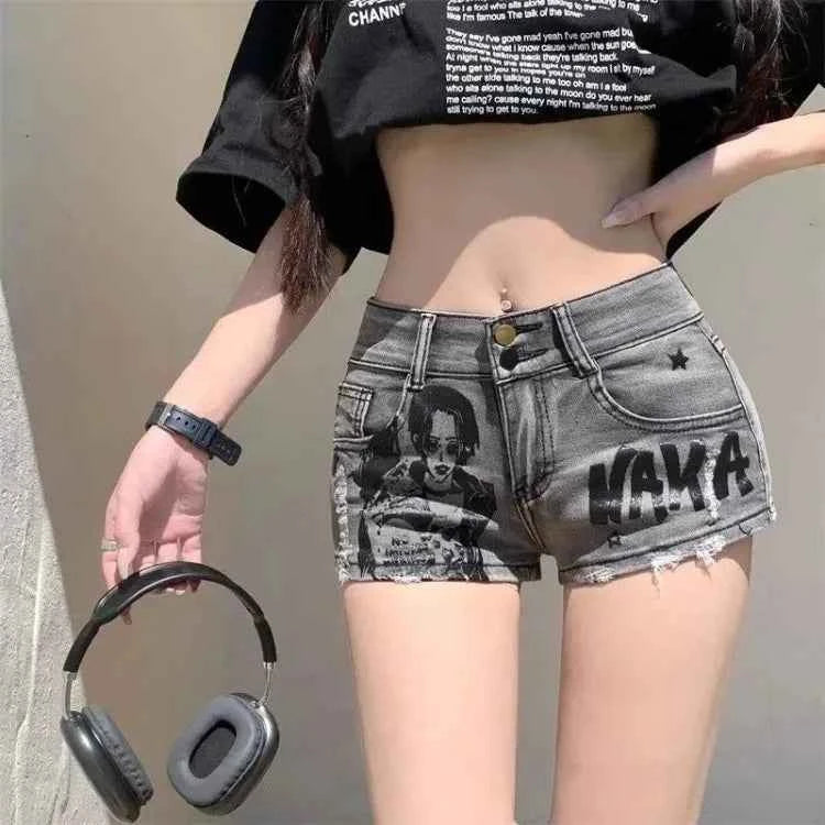 Street Graffiti Denim Gray Shorts High Waist A-Line Skirts