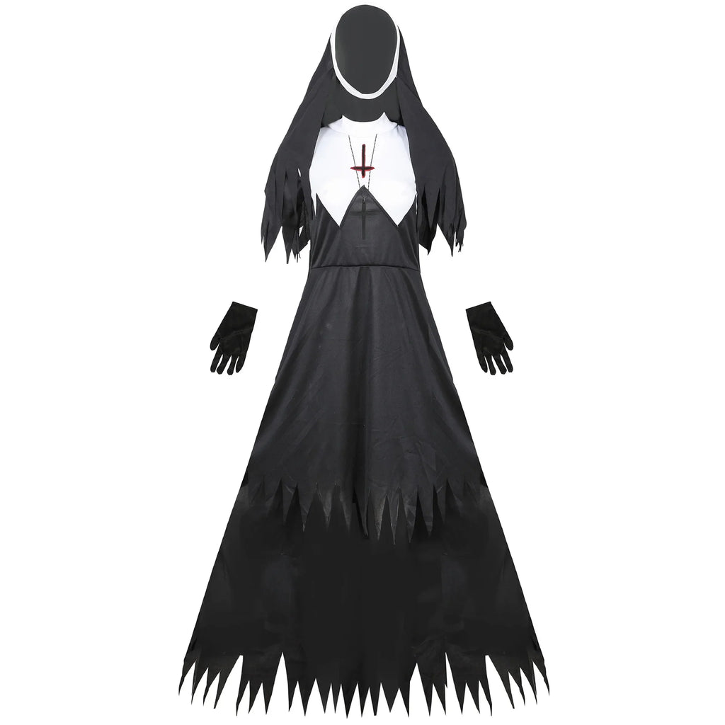 Zombie nun costume set flat lay front view: black dress, white collar, veil, gloves