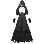 Zombie nun costume set flat lay front view: black dress, white collar, veil, gloves