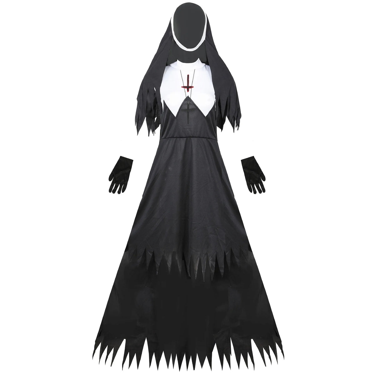 Zombie nun costume set flat lay front view: black dress, white collar, veil, gloves