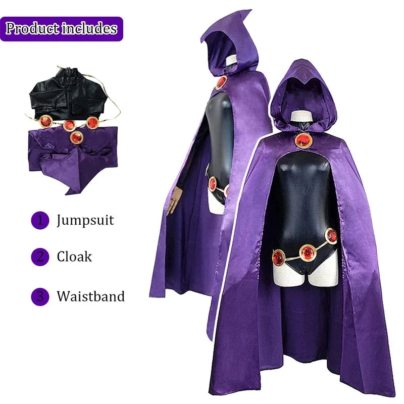 Raven Teen Titans cosplay costume with purple cloak, back view