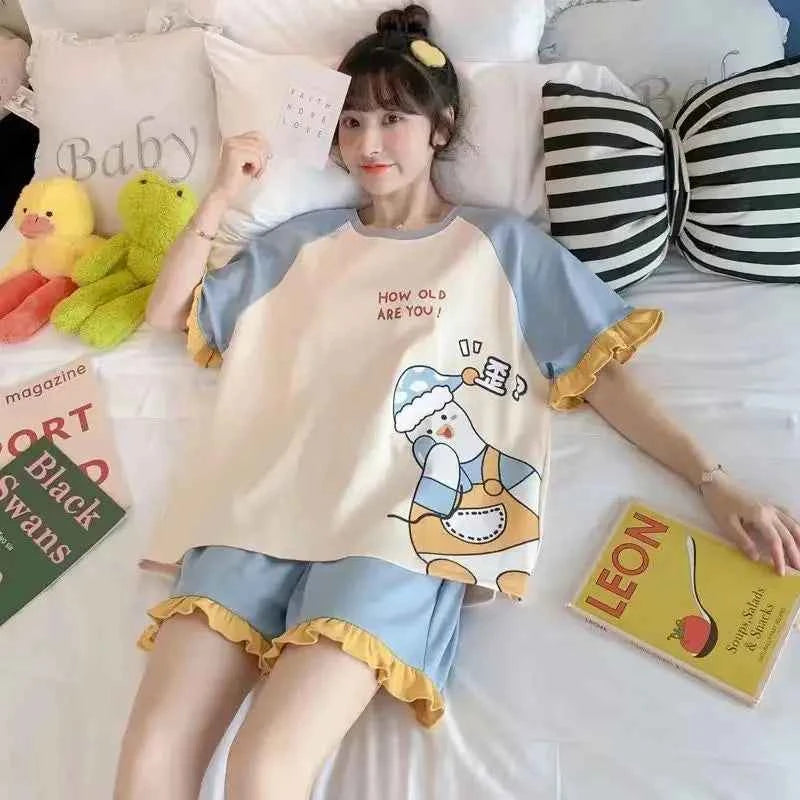 Women's Clothing Two-Piece Pajamas Summer Short-Sleeved Thin Section Loose Version Of The Large Size Casual Comfortable Homewear