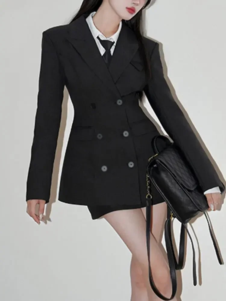 Dress Sets Double Breasted Long Sleeve Blazer High Waist - Vusy Kawaii Shop