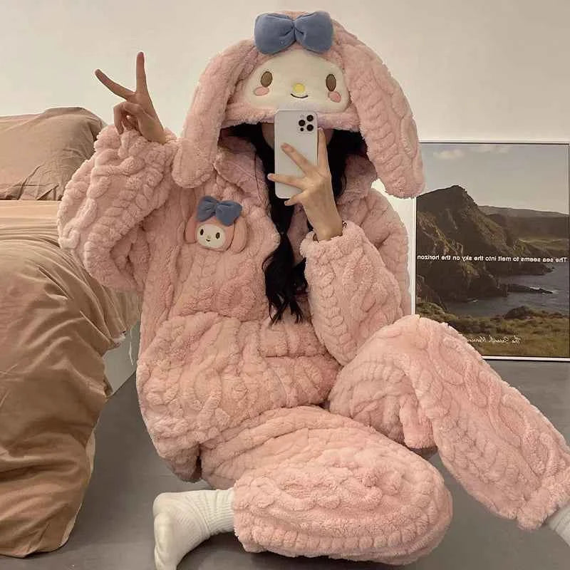 Sanrios My Melody Women's Pajamas Anime Kawaii Pompom Purins Coral Velvet Thickened Cute Hooded Zipper Home Wear Nightgown Suit