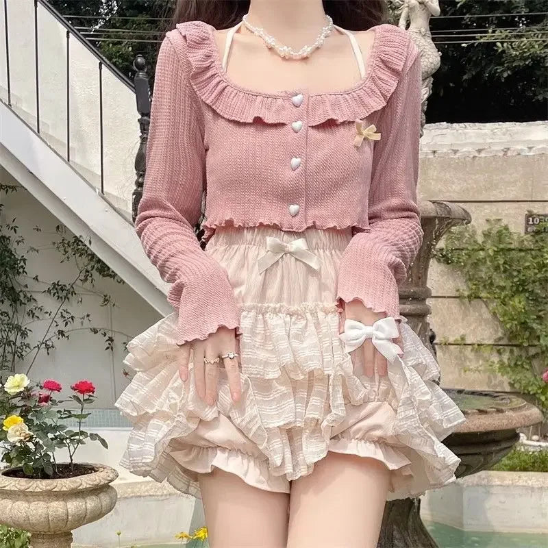 Kawaii Sweet Ruffles Square Collar Long Sleeve Cardigan Coat - Vusy Kawaii Shop