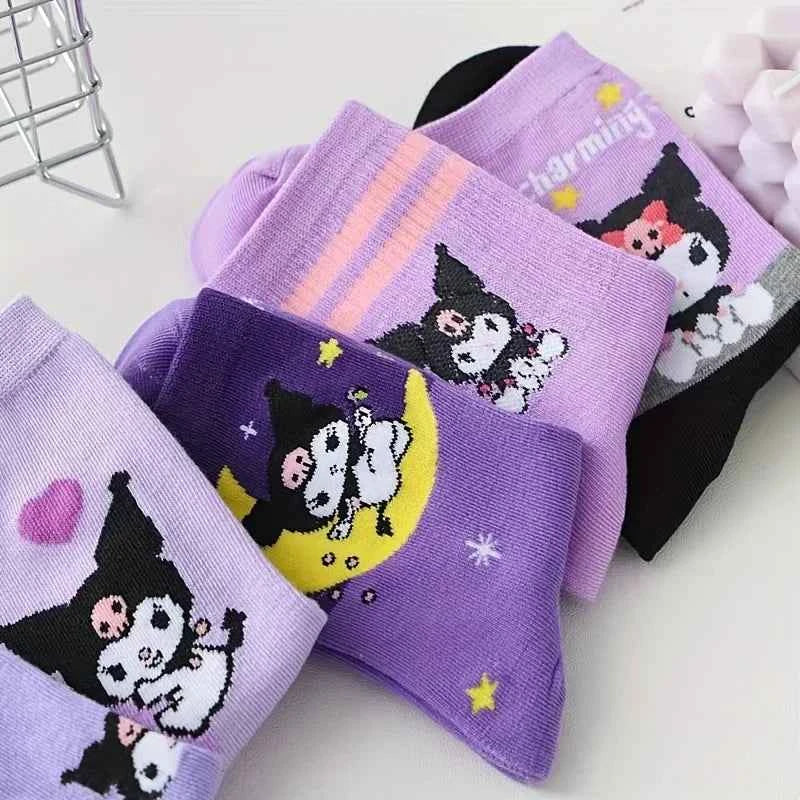 5 Pairs kawaii Sanrio Kuromi Cartoon Pattern Crew Socks Soft Breathable Socks for All Seasons Wearing Women's Stockings Hosiery
