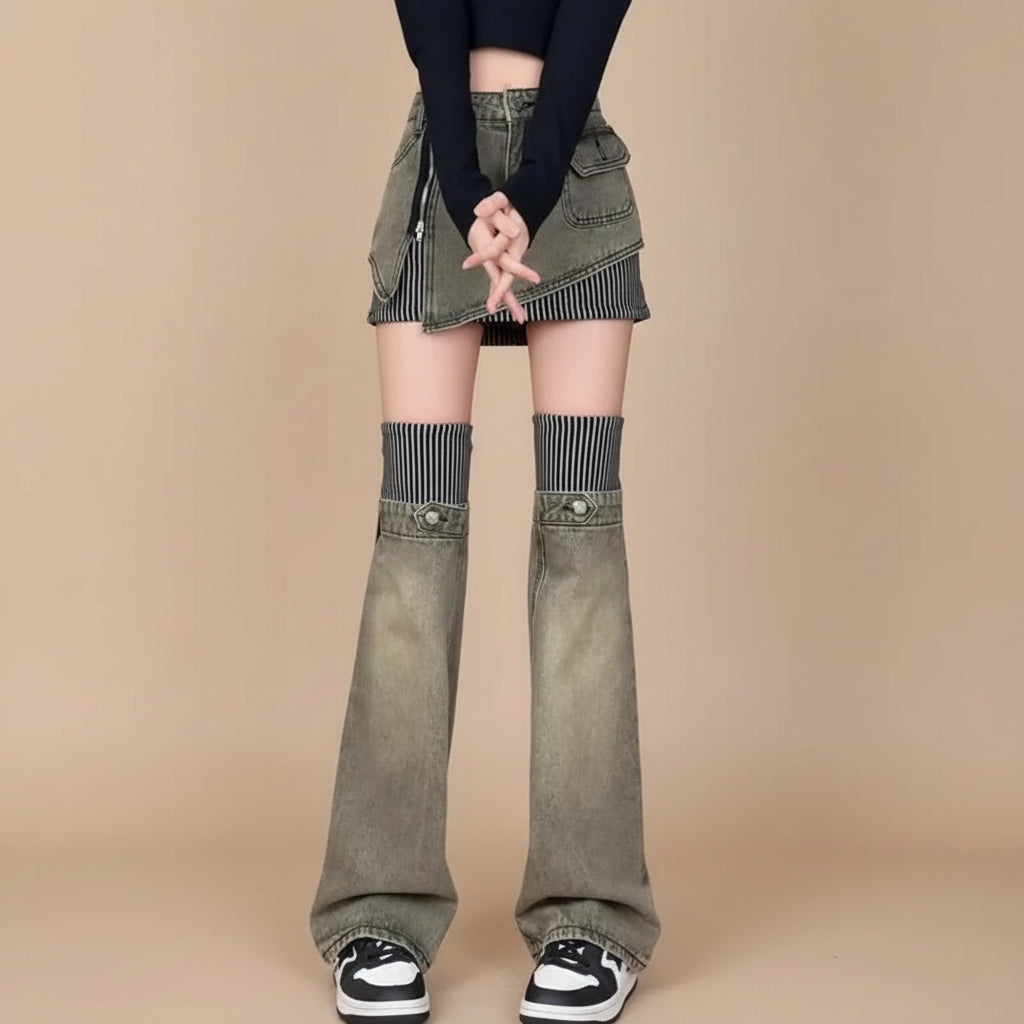 Street Punk Subculture Denim Skirt Sweet Striped Splicing - Vusy Kawaii Shop