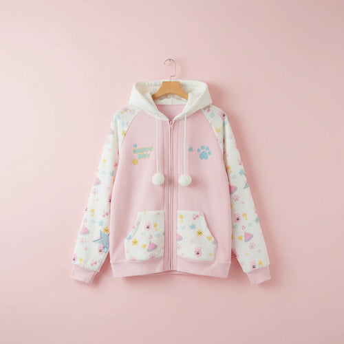 Kawaii Bear Ear Zip Up Hoodie model wearing