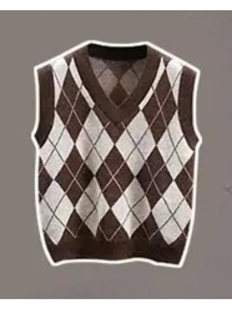 Pants Sets Contrast Plaid V Neck Knitted Vest White Shirt - Vusy Kawaii Shop