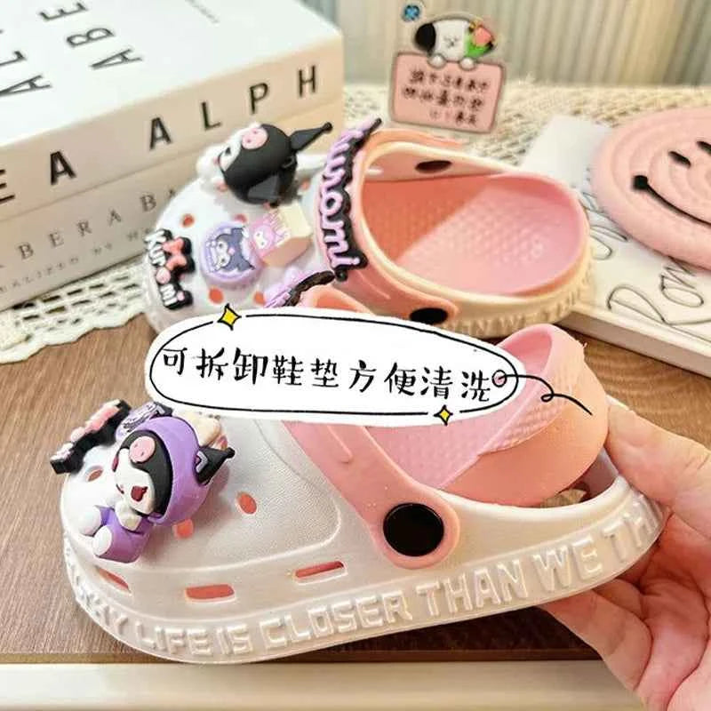 Sanrioed Anime Kuromi Shoes Cartoon Accessories Non Slip Hole Slippers Women Hello Kittys Outside Wear Summer Thick Girl Sandals